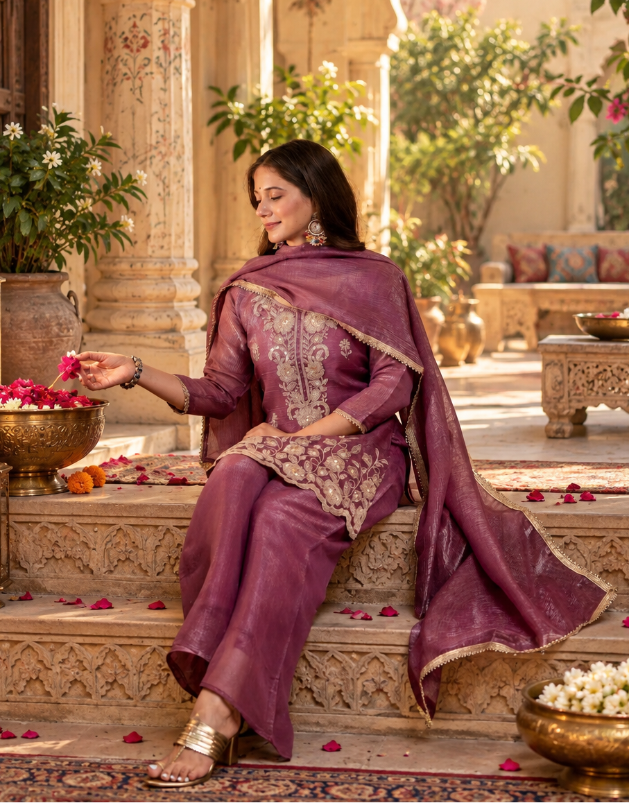 Tissue Silk Kurti Palazzo With Dupatta Set(Purple)