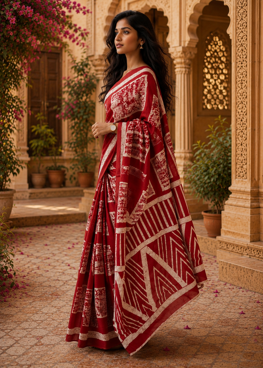 Mulmul Cotton Batik Hand Block Print Saree With Unstitched Blouse(Red)
