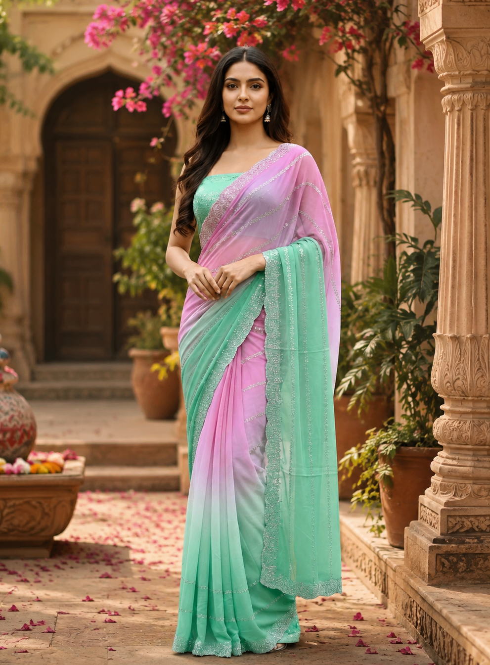 Georgette Swarovski Printed Saree With Unstitched Blouse(Lavender)