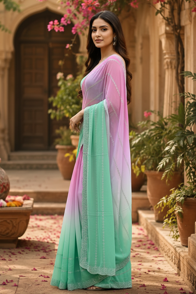 Georgette Swarovski Printed Saree With Unstitched Blouse(Lavender)