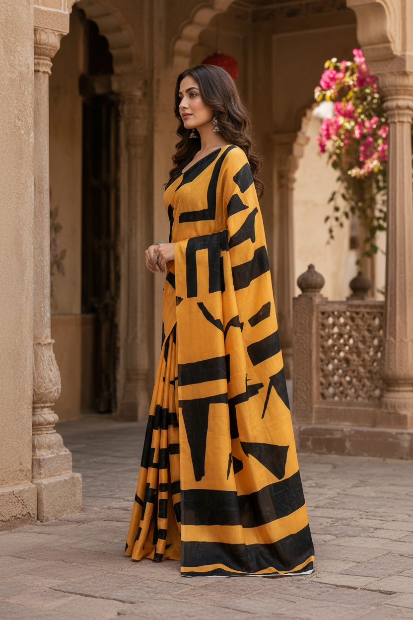 Satin Silk Printed Saree With Unstitched Blouse(Mustard)