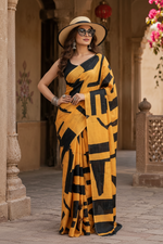Load image into Gallery viewer, Satin Silk Printed Saree With Unstitched Blouse(Mustard)
