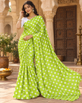 Satin Silk Printed Saree With Unstitched Blouse(Green)