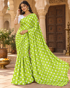 Satin Silk Printed Saree With Unstitched Blouse(Green)