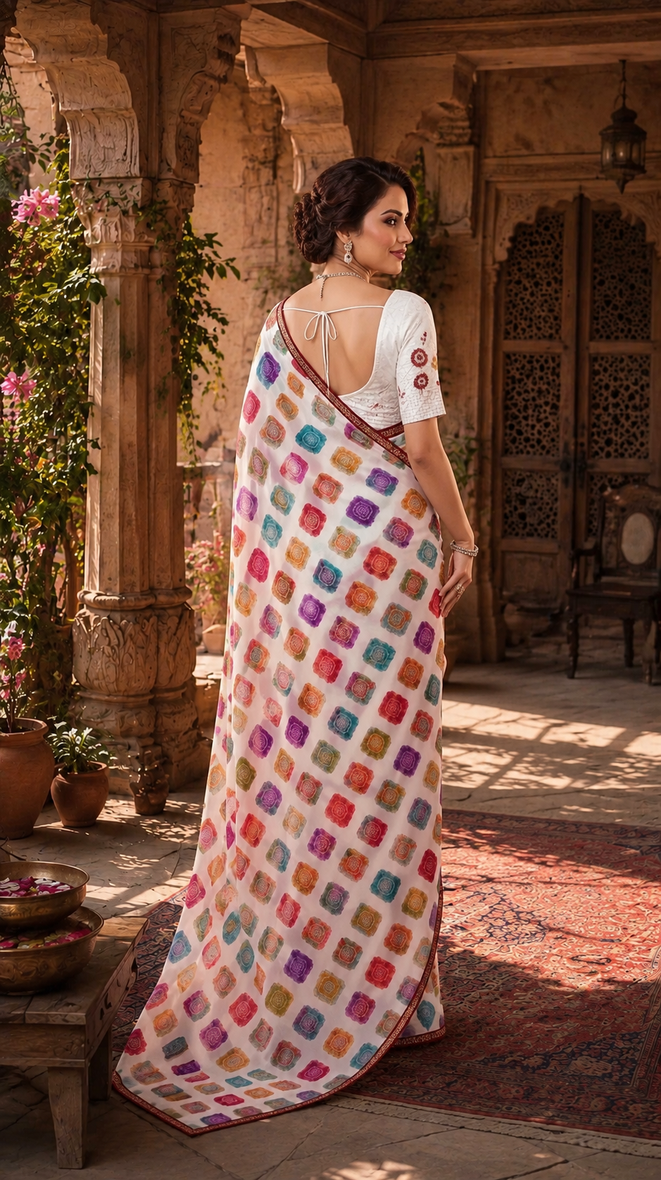 Cotton Floral Bandhani Printed Saree With Unstitched Blouse(Multicolor)
