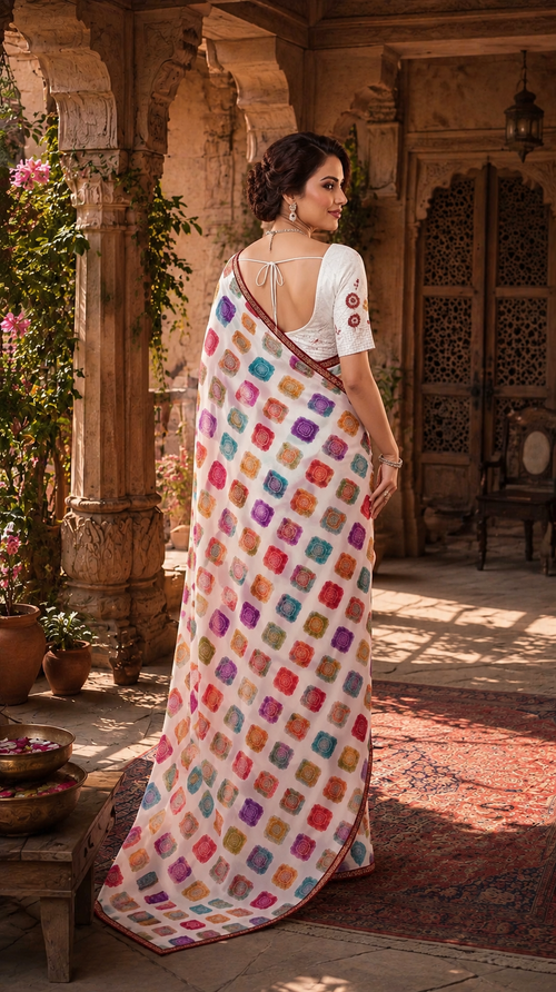 Cotton Floral Bandhani Printed Saree With Unstitched Blouse(Multicolor)