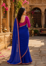 Load image into Gallery viewer, Georgette Lace Border Saree With Unstitched Blouse(Blue)
