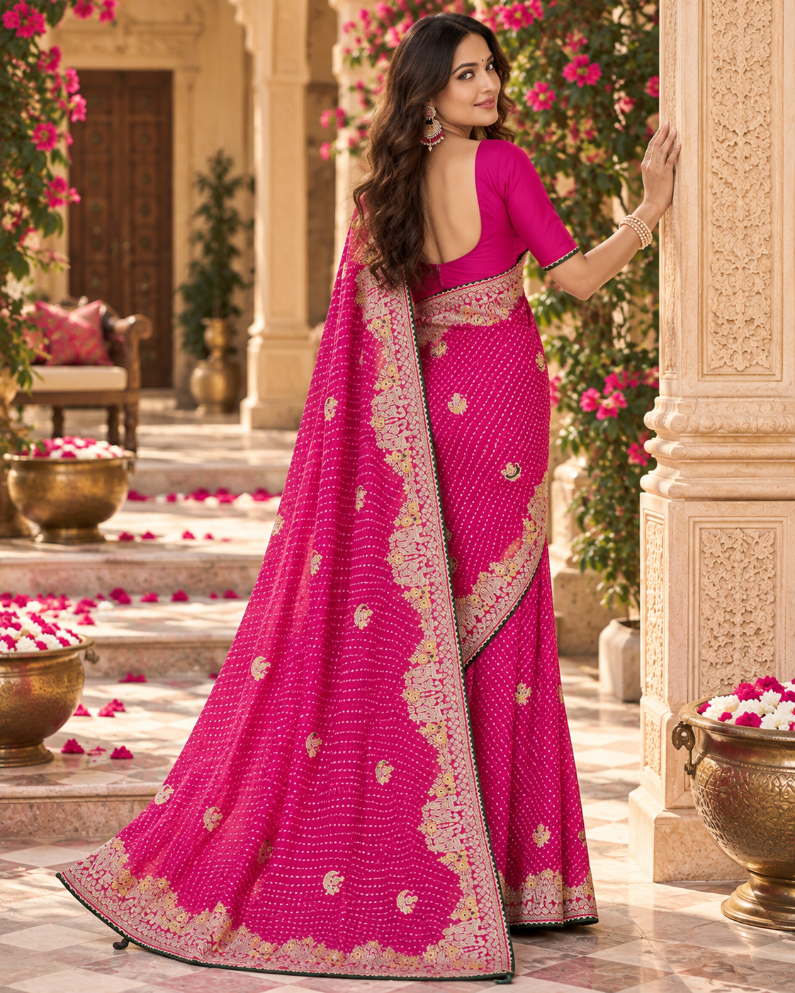 Pure Bandhani Bhej Print Gotta Patti Work Silk Saree With Unstitched Blouse(Dark Pink)