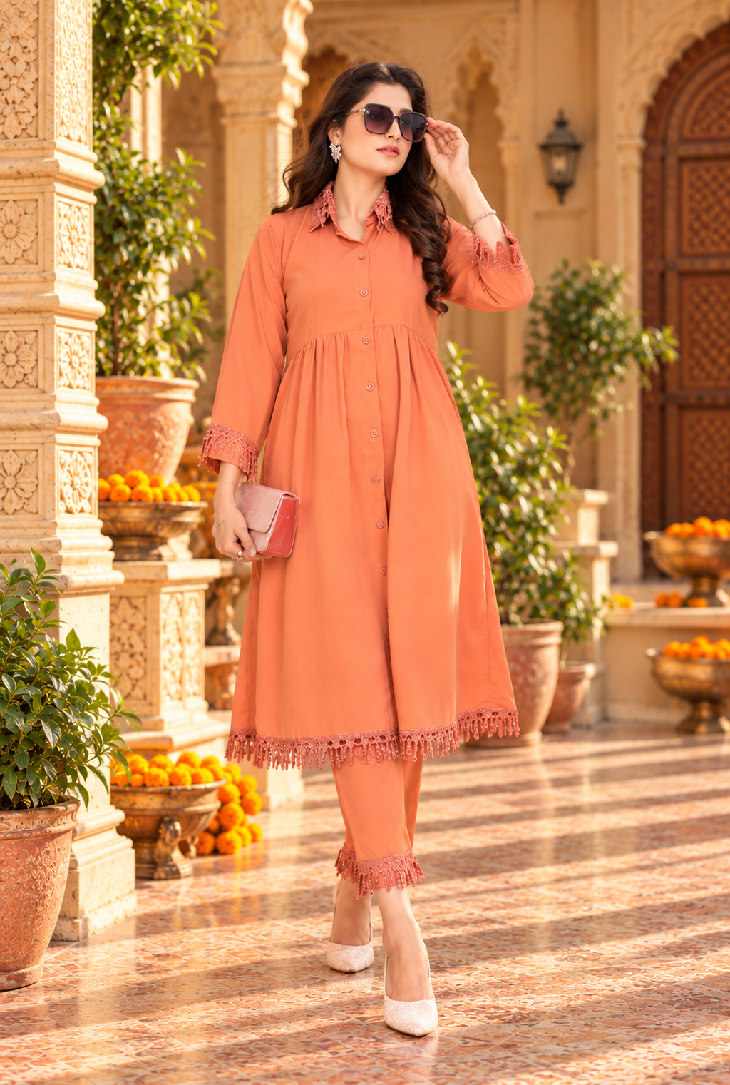 Cotton Kurti Pant Two Piece Set With Pocket(Orange)