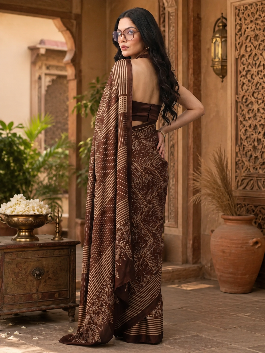 Satin Silk Printed Saree With Unstitched Blouse(Brown)