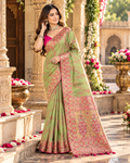 Premium Tissue Silk Zari Border Work Saree With Unstitched Blouse(Fern Green)