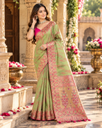 Premium Tissue Silk Zari Border Work Saree With Unstitched Blouse(Fern Green)