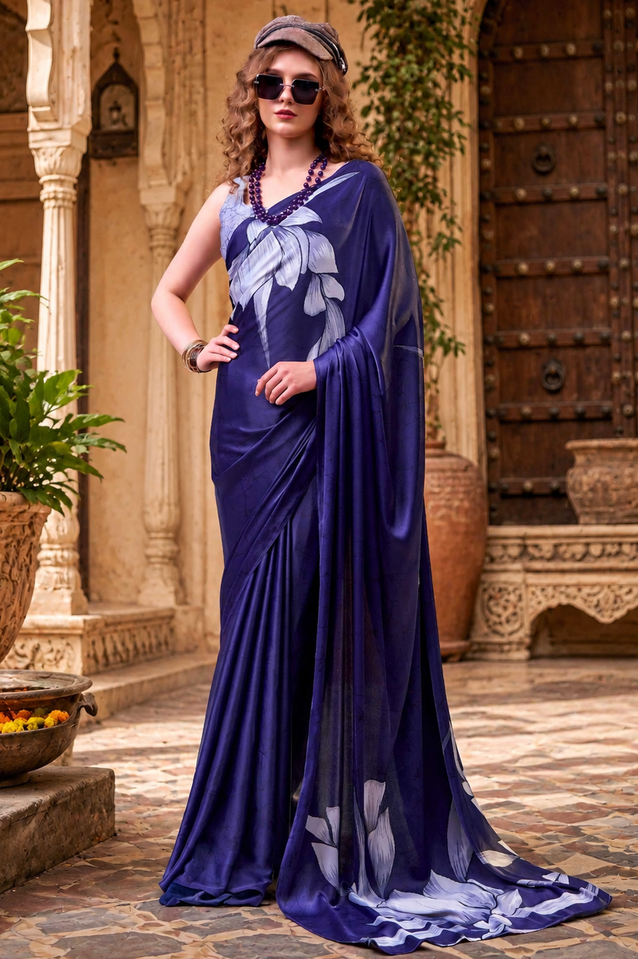 Stunning Satin Silk Floral Printed Saree With Unstitched Blouse(Blue)