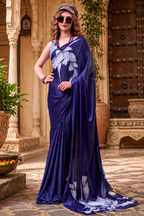 Stunning Satin Silk Floral Printed Saree With Unstitched Blouse(Blue)