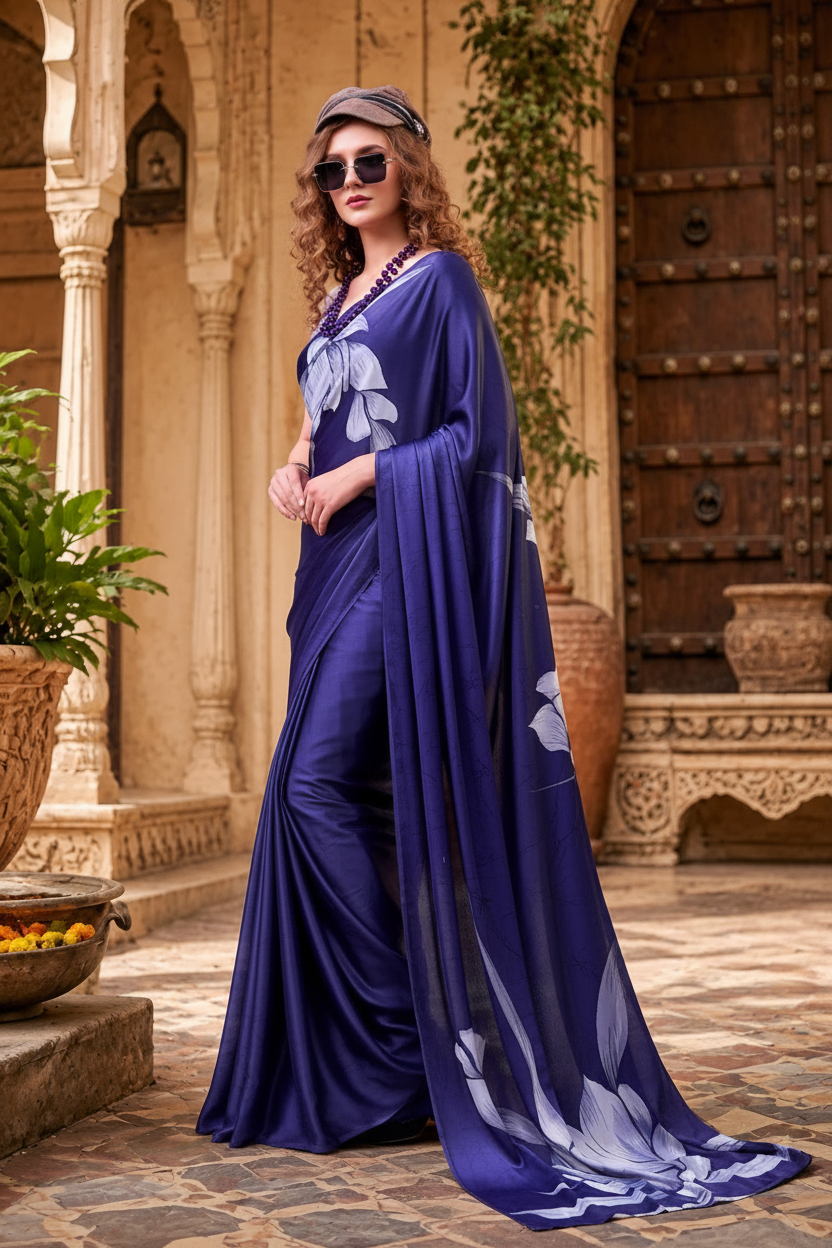 Stunning Satin Silk Floral Printed Saree With Unstitched Blouse(Blue)