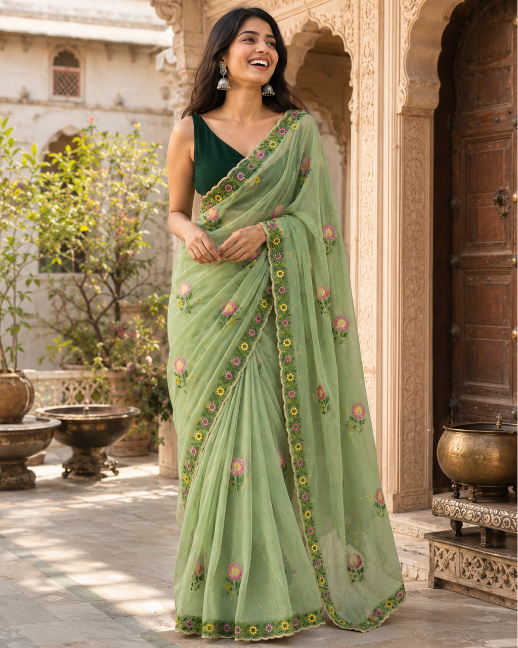 Star Georgette Ready To Wear Embroidery Work Saree With Unstitched Blouse(Green)