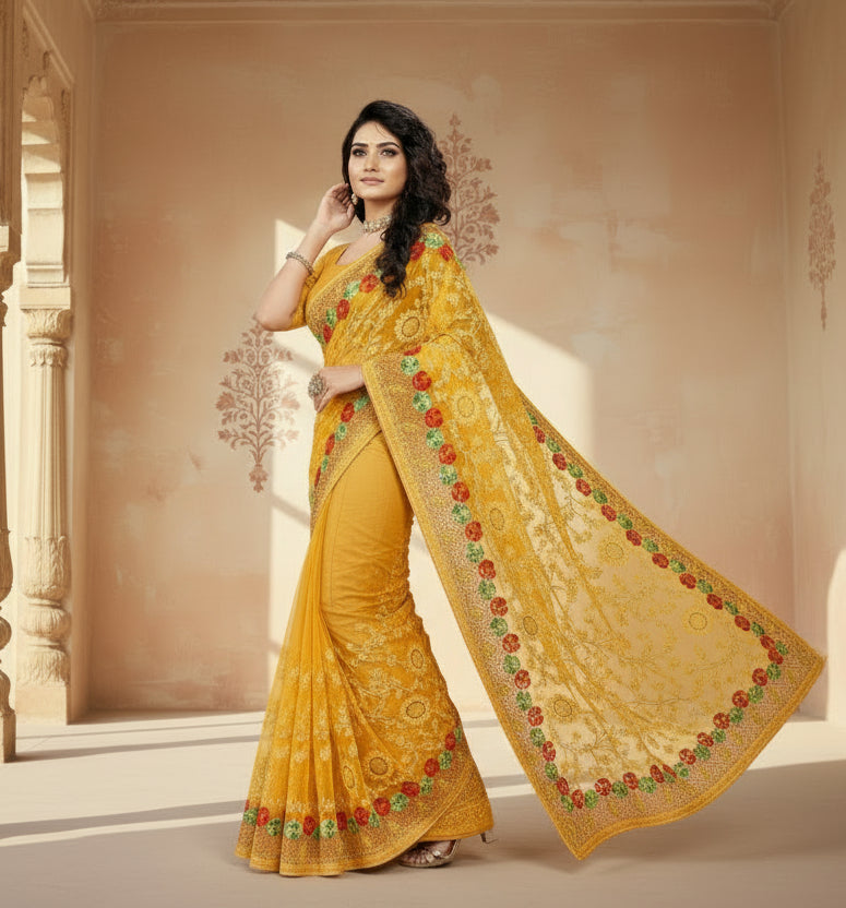 Women's net saree with blouse (yellow, 5 6mtrs) kashvii