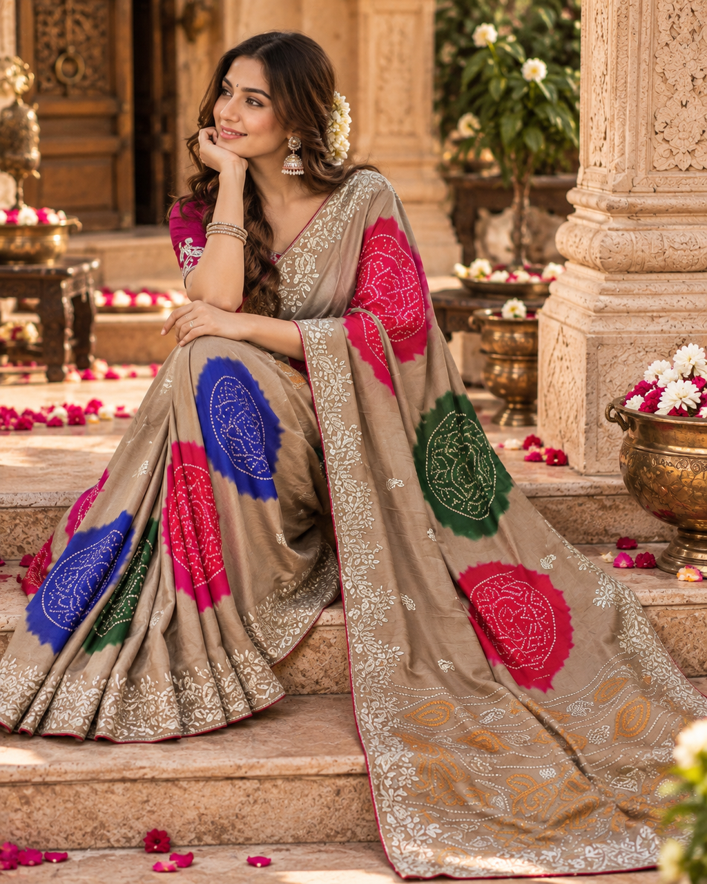 Chiffon Silk Party Wear Saree with Unstitched Blouse(Brown)