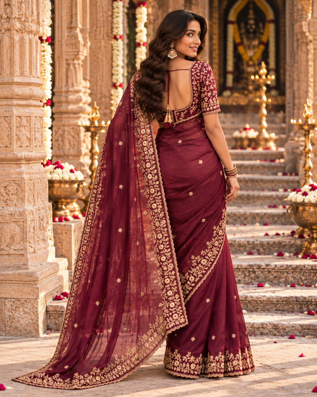 Chiffon Silk Embroidery Sequin Work Saree With Unstitched Blouse(Wine)