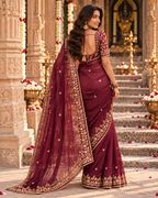 Chiffon Silk Embroidery Sequin Work Saree With Unstitched Blouse(Wine)