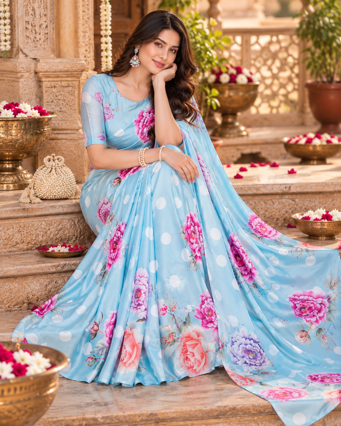 Satin Silk Floral Printed Saree With Unstitched Blouse(Light Blue)
