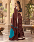 Satin Silk Ajrakh Printed Saree With Unstitched Blouse(Brown)
