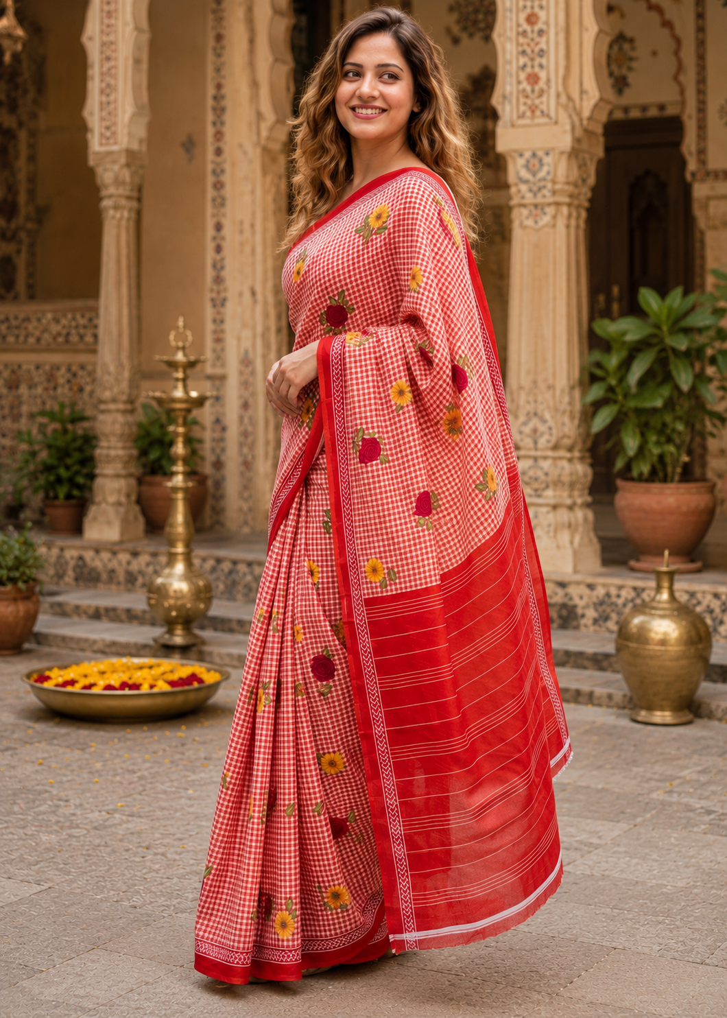 Soft Pure Mulmul Cotton Printed Saree With Unstitched Blouse(Red)