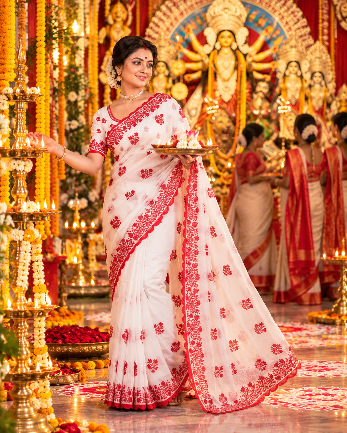 Crunch Silk Sequin work Saree With Unstitched Blouse(White)