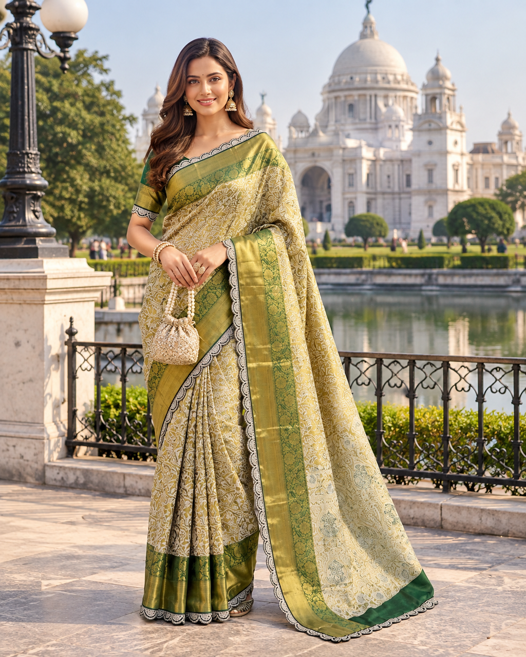 Premium Kanjivaram Pattu Silk Zari Weaving Embroidery Sequence Saree With Unstitched Blouse (Bottle Green)