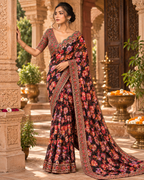 Premium Georgette Embroidery Work Saree With Unstitched Blouse(Black)