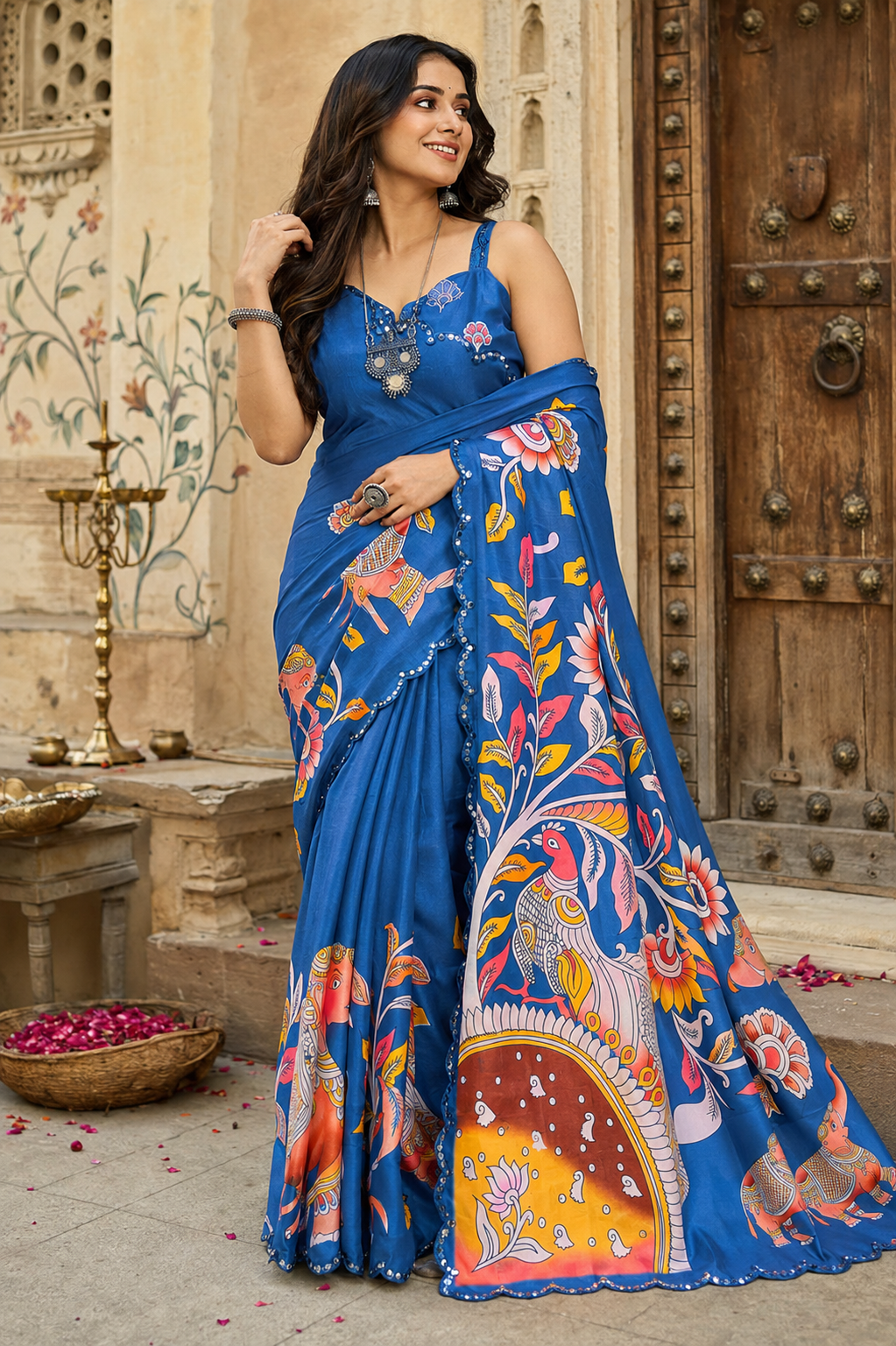 Manipuri Silk Kalamkari Print Saree With Unstitched Blouse(Blue)