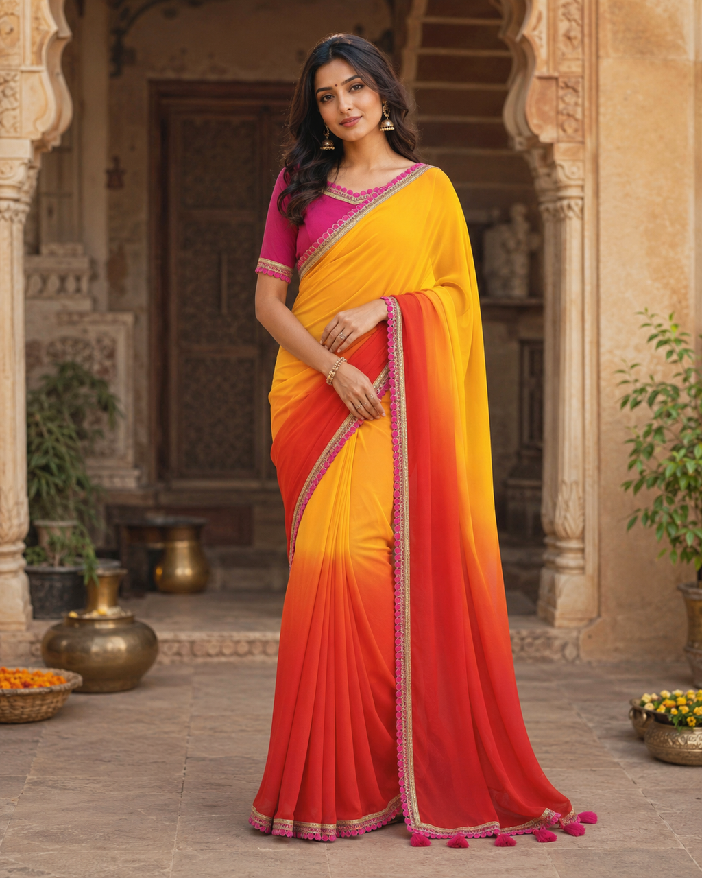 Georgette Embroidery Work Saree With Unstitched Blouse(Yellow)