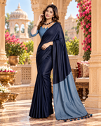 Mulmul Cotton Printed Saree With Unstitched Blouse(Blue)