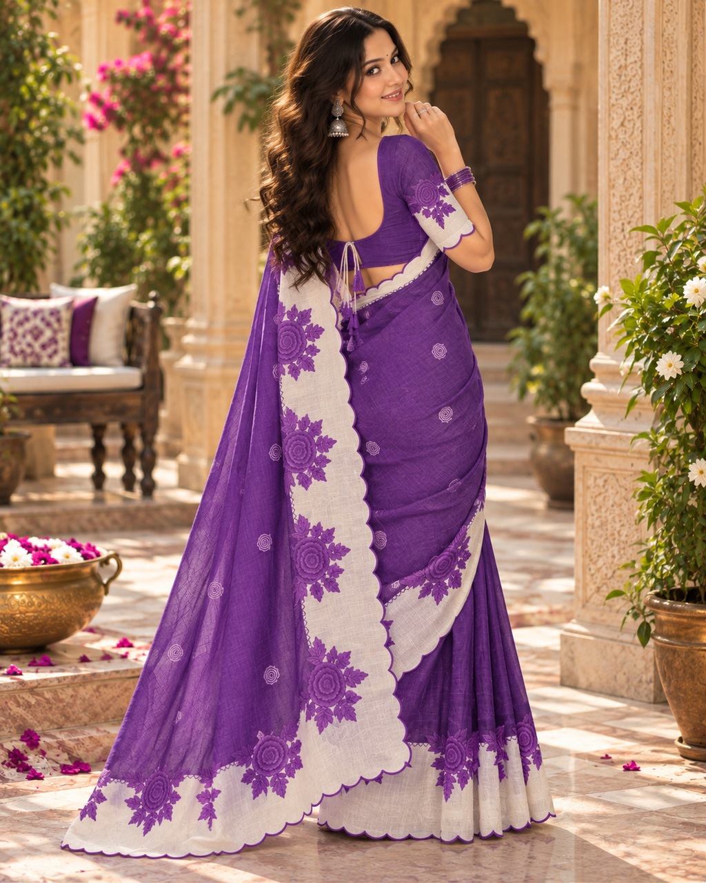 Premium Linen Digital Print Cut Work Border Saree With Ustitched Blouse (Violet)