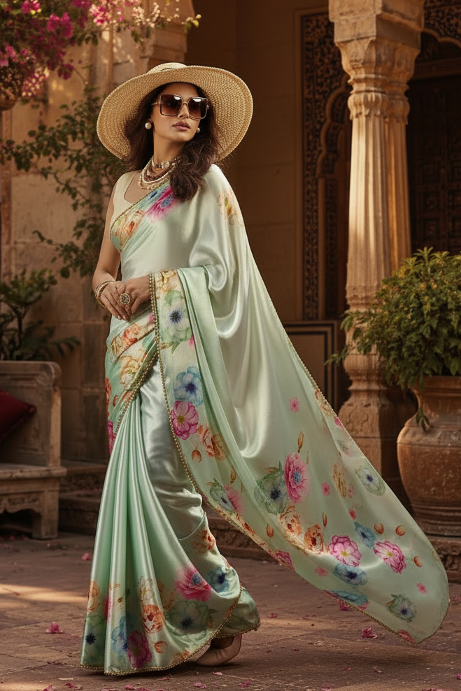 Satin Silk Party Wear Saree With Unstitched Blouse(Green)