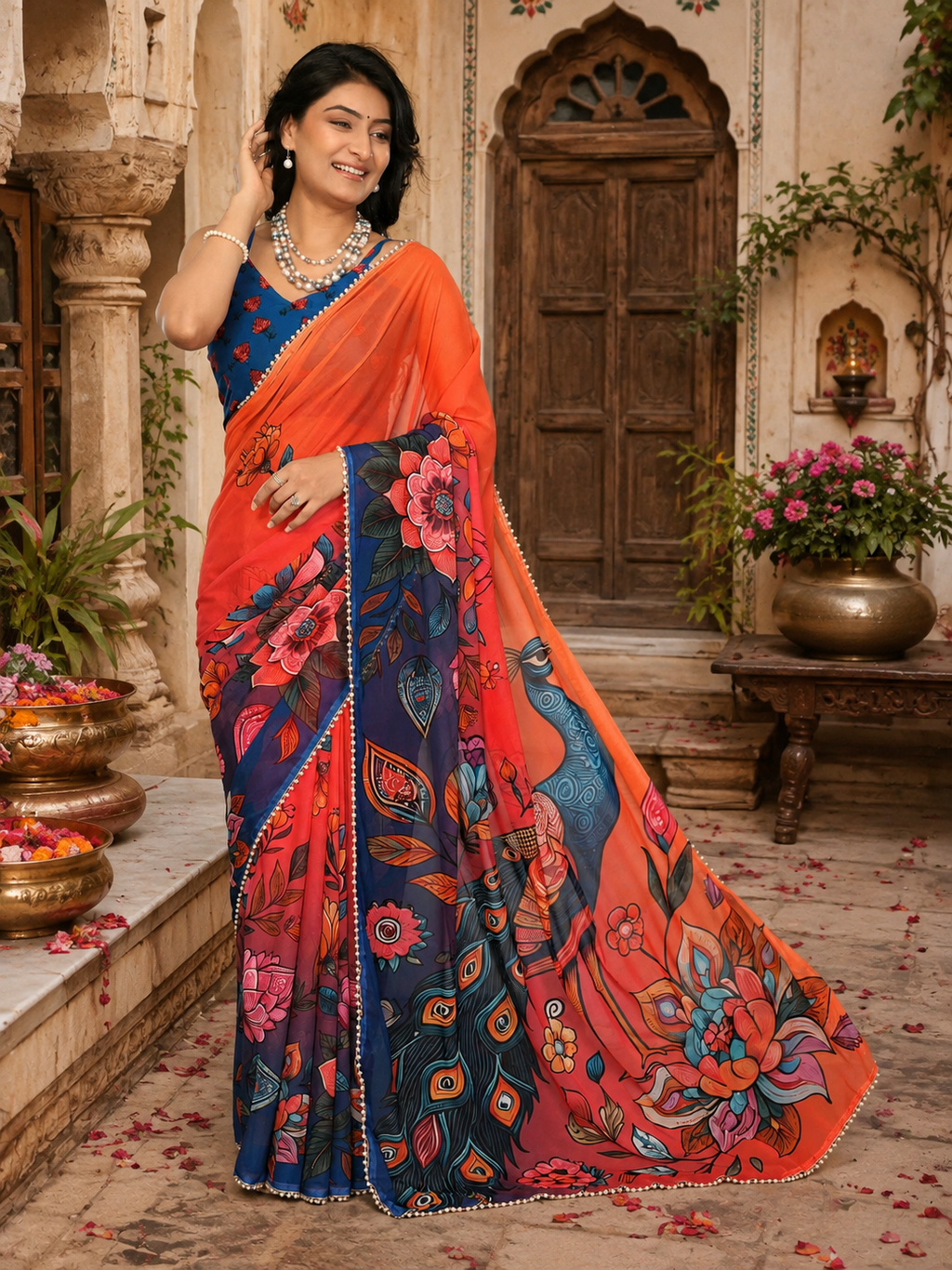 Georgette Printed Moti Lace Border Saree With Unstitched Blouse(Orange)