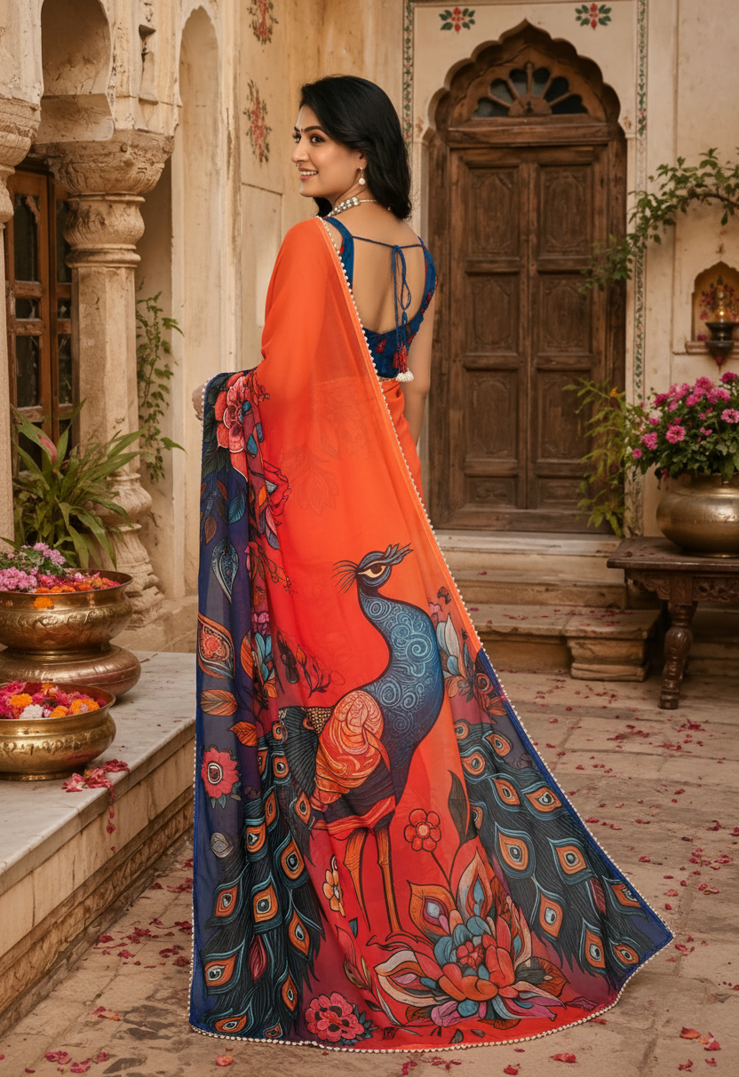 Georgette Printed Moti Lace Border Saree With Unstitched Blouse(Orange)