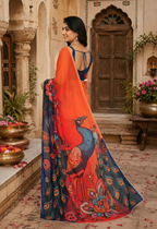 Georgette Printed Moti Lace Border Saree With Unstitched Blouse(Orange)
