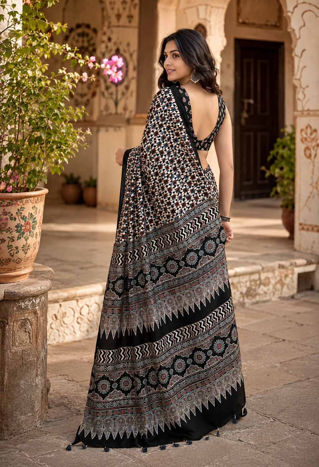 Satin Silk Mill Printed saree With Unstitched Blouse(Black)