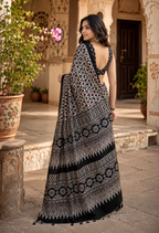 Satin Silk Mill Printed saree With Unstitched Blouse(Black)