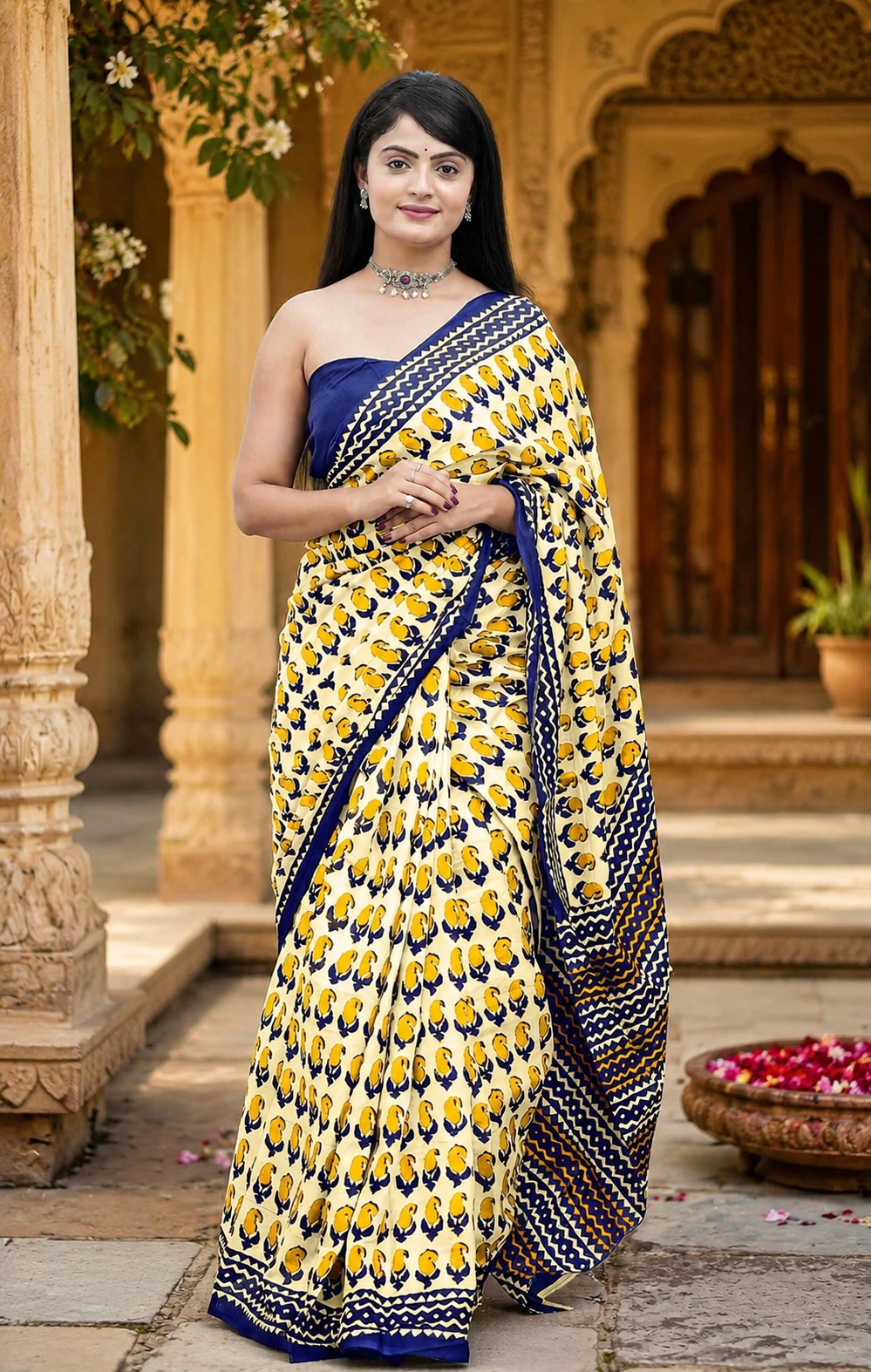 Mulmul Cotton Bagru Block Printed Saree With Unstitched Blouse(Mustard)