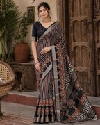 Tussar Silk Printed Saree With Unstitched Blouse(Black)