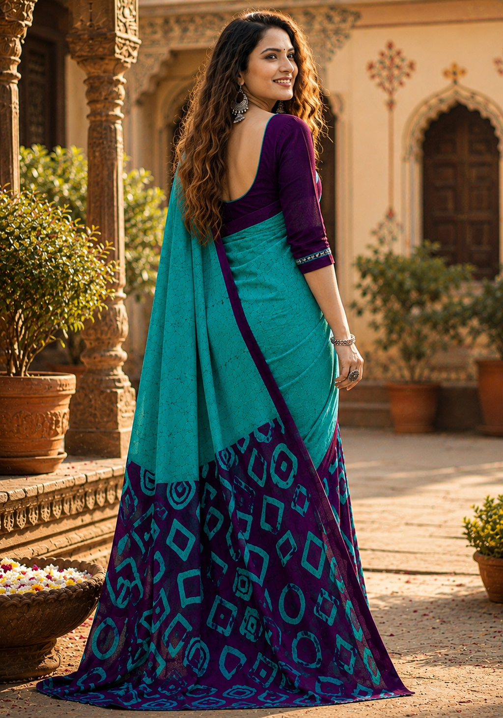 Mulmul Cotton Block Print Saree With Unstitched Blouse(Blue)
