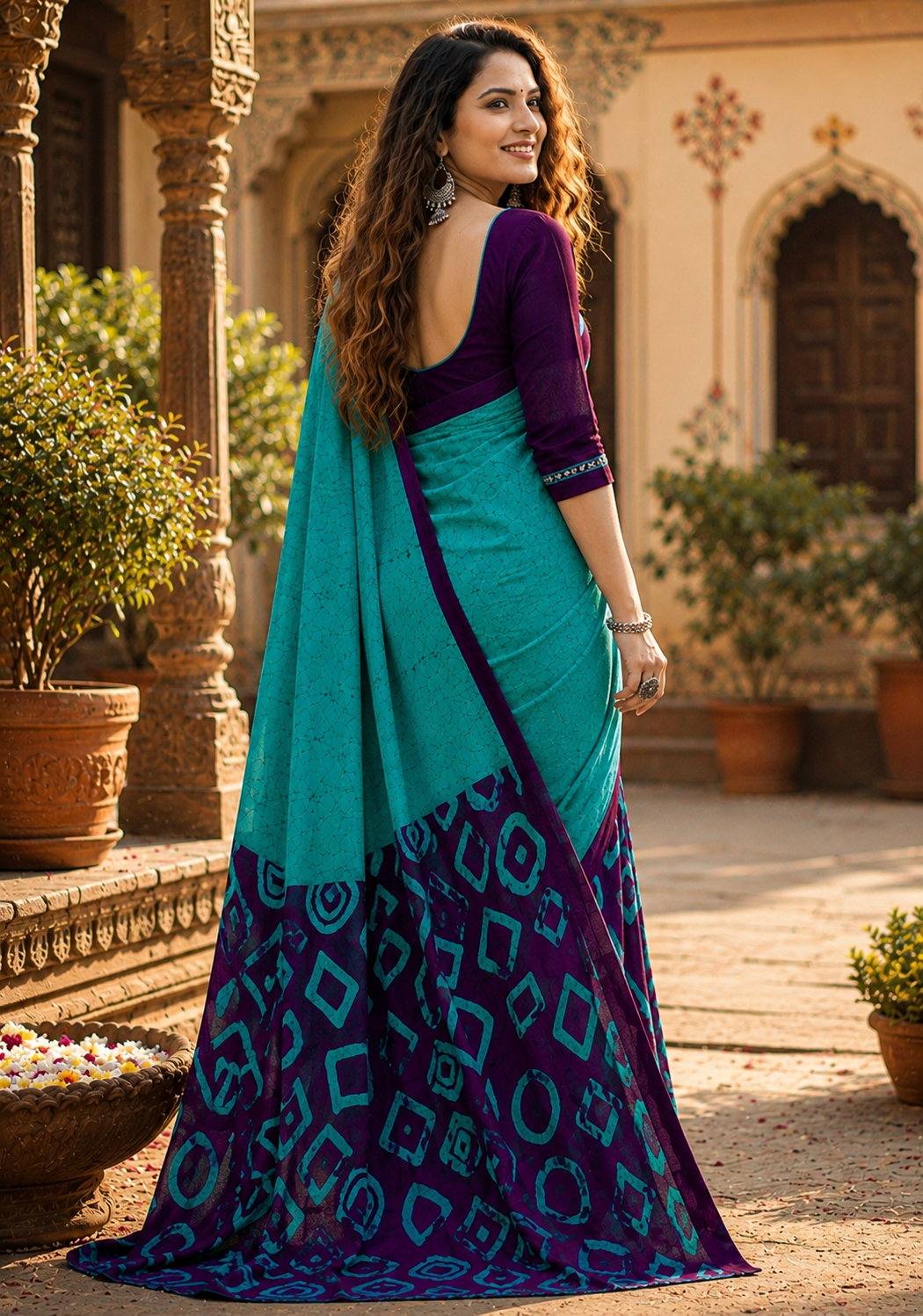 Mulmul Cotton Block Print Saree With Unstitched Blouse(Blue)
