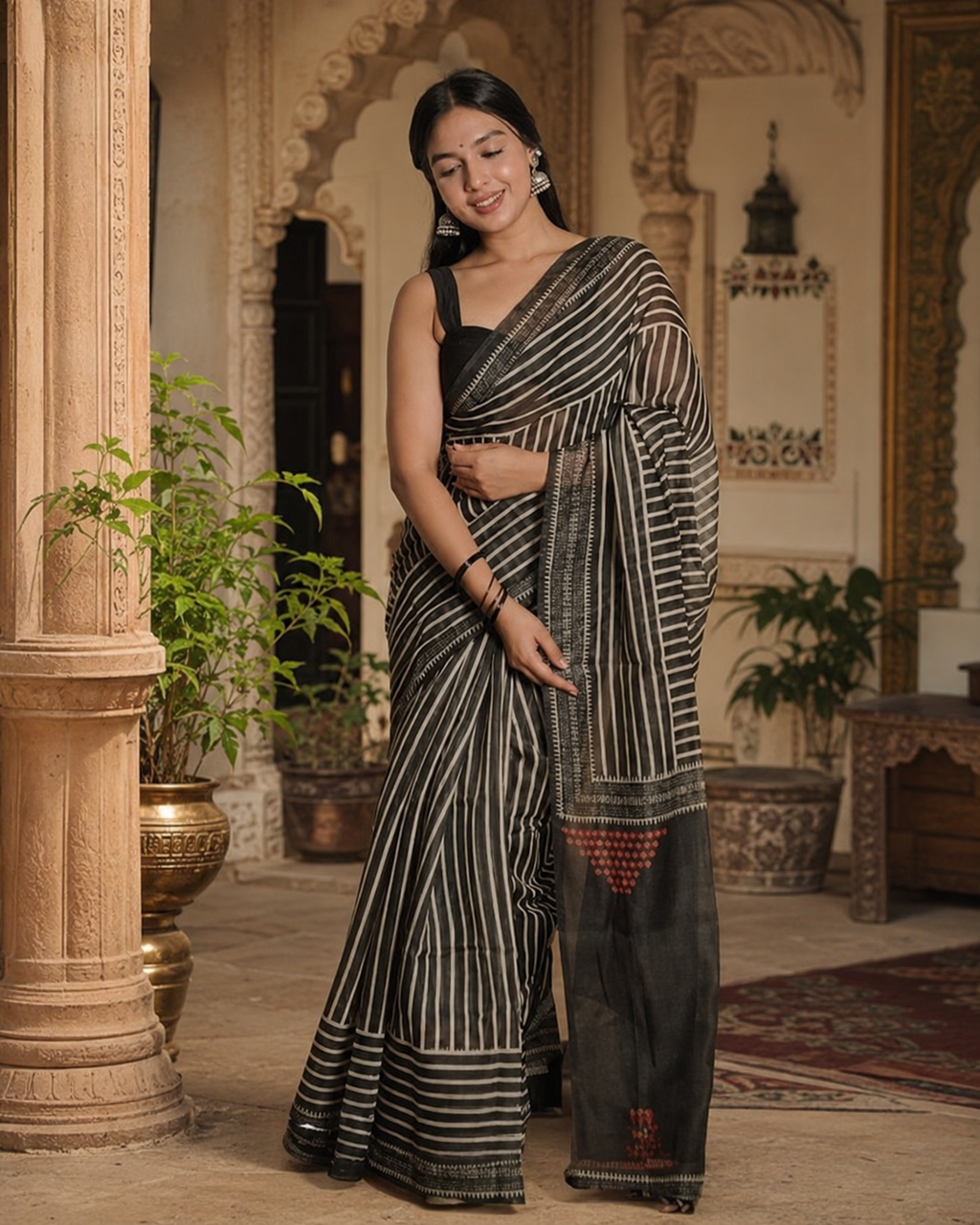 Chanderi Cotton Saree With Unstitched Blouse(Black)