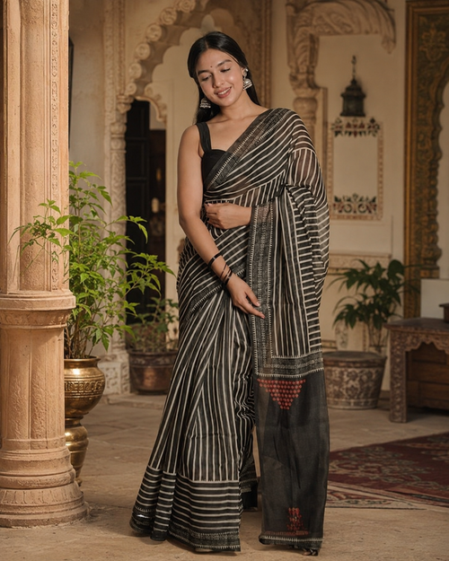 Chanderi Cotton Saree With Unstitched Blouse(Black)