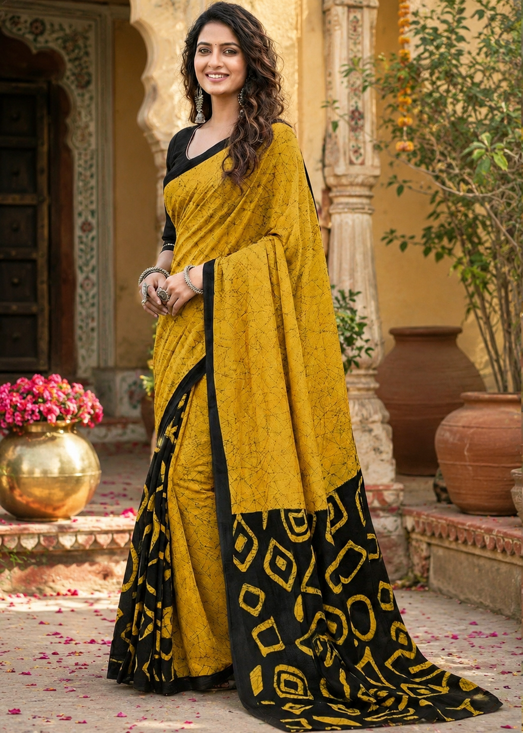 Mulmul Cotton Block Printed Saree With Unstitched Blouse(Yellow)