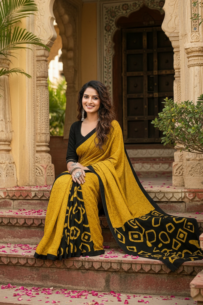 Mulmul Cotton Block Printed Saree With Unstitched Blouse(Yellow)
