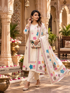 Cotton Digital Print Kurti Set With Dupatta(Cream)
