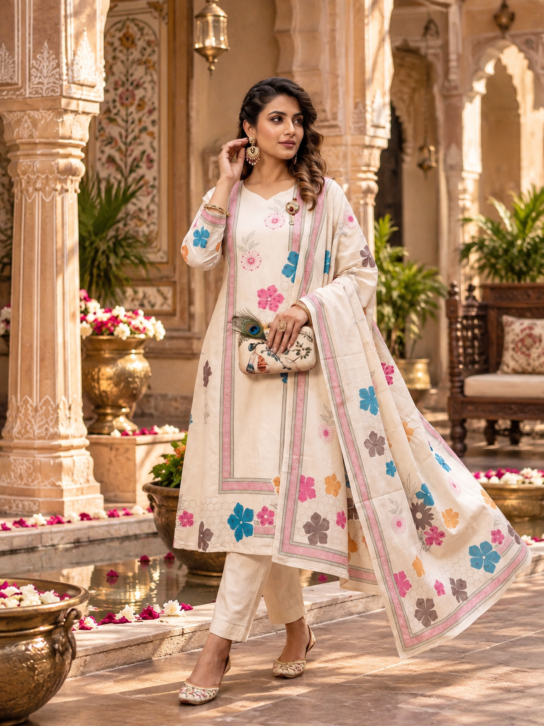 Cotton Digital Print Kurti Set With Dupatta(Cream)